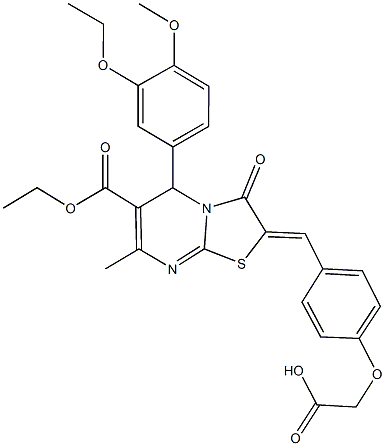 {4-[(6-(ethoxycarbonyl)-5-(3-ethoxy-4-methoxyphenyl)-7-methyl-3-oxo-5H-[1,3]thiazolo[3,2-a]pyrimidin-2(3H)-ylidene)methyl]phenoxy}acetic acid 结构式