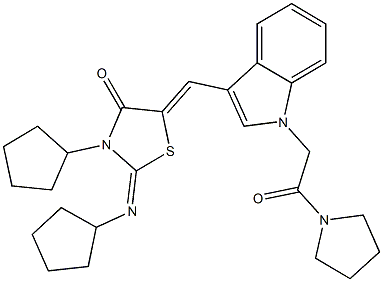 3-cyclopentyl-2-(cyclopentylimino)-5-({1-[2-oxo-2-(1-pyrrolidinyl)ethyl]-1H-indol-3-yl}methylene)-1,3-thiazolidin-4-one 结构式