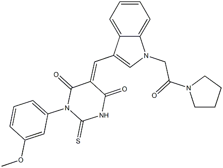 1-(3-methoxyphenyl)-5-({1-[2-oxo-2-(1-pyrrolidinyl)ethyl]-1H-indol-3-yl}methylene)-2-thioxodihydro-4,6(1H,5H)-pyrimidinedione 结构式