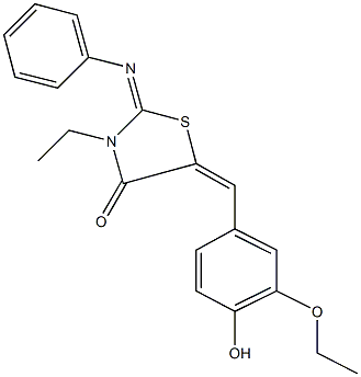 5-(3-ethoxy-4-hydroxybenzylidene)-3-ethyl-2-(phenylimino)-1,3-thiazolidin-4-one 结构式
