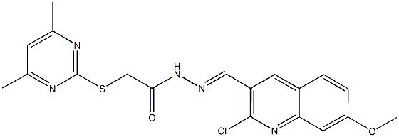 N'-[(2-chloro-7-methoxy-3-quinolinyl)methylene]-2-[(4,6-dimethyl-2-pyrimidinyl)sulfanyl]acetohydrazide 结构式