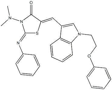 3-(dimethylamino)-5-{[1-(2-phenoxyethyl)-1H-indol-3-yl]methylene}-2-(phenylimino)-1,3-thiazolidin-4-one 结构式