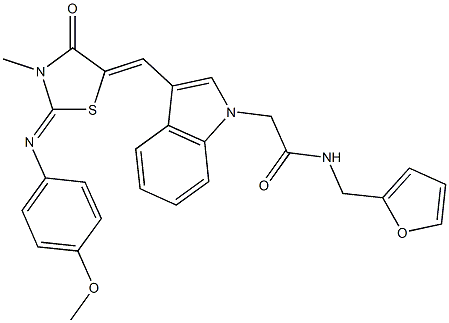 N-(2-furylmethyl)-2-[3-({2-[(4-methoxyphenyl)imino]-3-methyl-4-oxo-1,3-thiazolidin-5-ylidene}methyl)-1H-indol-1-yl]acetamide 结构式