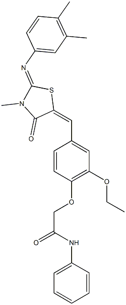 2-[4-({2-[(3,4-dimethylphenyl)imino]-3-methyl-4-oxo-1,3-thiazolidin-5-ylidene}methyl)-2-ethoxyphenoxy]-N-phenylacetamide 结构式