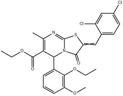 ethyl 2-(2,4-dichlorobenzylidene)-5-(2-ethoxy-3-methoxyphenyl)-7-methyl-3-oxo-2,3-dihydro-5H-[1,3]thiazolo[3,2-a]pyrimidine-6-carboxylate 结构式