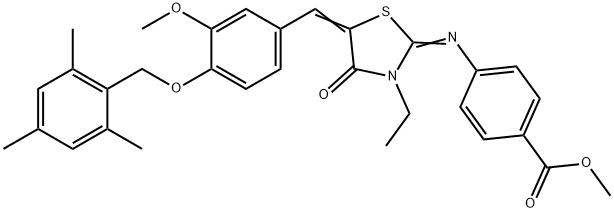 methyl 4-({3-ethyl-5-[4-(mesitylmethoxy)-3-methoxybenzylidene]-4-oxo-1,3-thiazolidin-2-ylidene}amino)benzoate 结构式