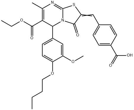 4-[(5-(4-butoxy-3-methoxyphenyl)-6-(ethoxycarbonyl)-7-methyl-3-oxo-5H-[1,3]thiazolo[3,2-a]pyrimidin-2(3H)-ylidene)methyl]benzoic acid 结构式