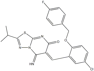 6-{5-chloro-2-[(4-fluorobenzyl)oxy]benzylidene}-5-imino-2-isopropyl-5,6-dihydro-7H-[1,3,4]thiadiazolo[3,2-a]pyrimidin-7-one 结构式