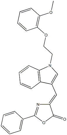 4-({1-[2-(2-methoxyphenoxy)ethyl]-1H-indol-3-yl}methylene)-2-phenyl-1,3-oxazol-5(4H)-one 结构式