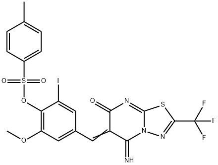 4-[(5-imino-7-oxo-2-(trifluoromethyl)-5H-[1,3,4]thiadiazolo[3,2-a]pyrimidin-6(7H)-ylidene)methyl]-2-iodo-6-methoxyphenyl 4-methylbenzenesulfonate 结构式