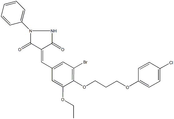 4-{3-bromo-4-[3-(4-chlorophenoxy)propoxy]-5-ethoxybenzylidene}-1-phenyl-3,5-pyrazolidinedione 结构式