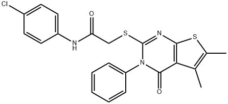 N-(4-chlorophenyl)-2-[(5,6-dimethyl-4-oxo-3-phenyl-3,4-dihydrothieno[2,3-d]pyrimidin-2-yl)sulfanyl]acetamide 结构式