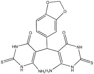 6-amino-5-[(6-amino-4-oxo-2-thioxo-1,2,3,4-tetrahydropyrimidin-5-yl)(1,3-benzodioxol-5-yl)methyl]-2-thioxo-2,3-dihydropyrimidin-4(1H)-one 结构式