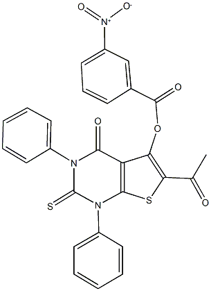 6-acetyl-4-oxo-1,3-diphenyl-2-thioxo-1,2,3,4-tetrahydrothieno[2,3-d]pyrimidin-5-yl 3-nitrobenzoate 结构式