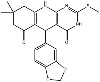 5-(1,3-benzodioxol-5-yl)-8,8-dimethyl-2-(methylsulfanyl)-5,8,9,10-tetrahydropyrimido[4,5-b]quinoline-4,6(3H,7H)-dione 结构式