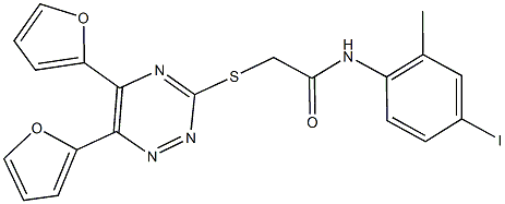 2-{[5,6-di(2-furyl)-1,2,4-triazin-3-yl]sulfanyl}-N-(4-iodo-2-methylphenyl)acetamide 结构式