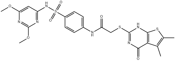 N-(4-{[(2,6-dimethoxy-4-pyrimidinyl)amino]sulfonyl}phenyl)-2-[(5,6-dimethyl-4-oxo-3,4-dihydrothieno[2,3-d]pyrimidin-2-yl)sulfanyl]acetamide 结构式
