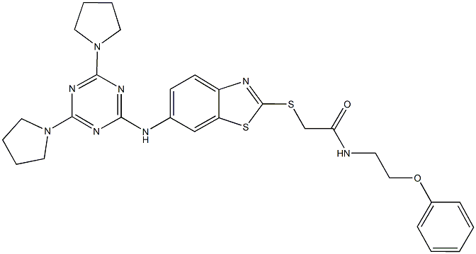 2-[(6-{[4,6-di(1-pyrrolidinyl)-1,3,5-triazin-2-yl]amino}-1,3-benzothiazol-2-yl)sulfanyl]-N-(2-phenoxyethyl)acetamide 结构式