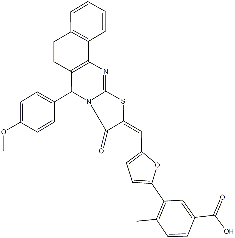 3-{5-[(7-(4-methoxyphenyl)-9-oxo-5,7-dihydro-6H-benzo[h][1,3]thiazolo[2,3-b]quinazolin-10(9H)-ylidene)methyl]-2-furyl}-4-methylbenzoic acid 结构式