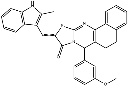 7-(3-methoxyphenyl)-10-[(2-methyl-1H-indol-3-yl)methylene]-5,7-dihydro-6H-benzo[h][1,3]thiazolo[2,3-b]quinazolin-9(10H)-one 结构式