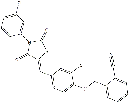 2-[(2-chloro-4-{[3-(3-chlorophenyl)-2,4-dioxo-1,3-thiazolidin-5-ylidene]methyl}phenoxy)methyl]benzonitrile 结构式