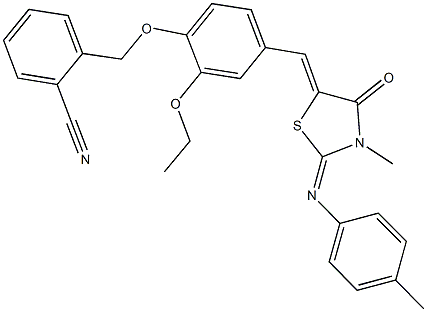2-{[2-ethoxy-4-({3-methyl-2-[(4-methylphenyl)imino]-4-oxo-1,3-thiazolidin-5-ylidene}methyl)phenoxy]methyl}benzonitrile 结构式