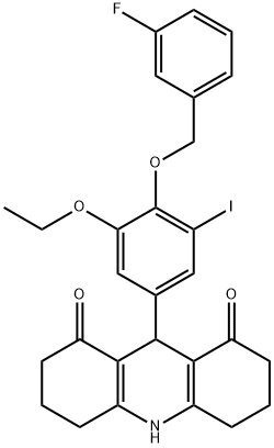 9-{3-ethoxy-4-[(3-fluorobenzyl)oxy]-5-iodophenyl}-3,4,6,7,9,10-hexahydro-1,8(2H,5H)-acridinedione 结构式