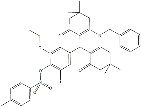 4-(10-benzyl-3,3,6,6-tetramethyl-1,8-dioxo-1,2,3,4,5,6,7,8,9,10-decahydro-9-acridinyl)-2-ethoxy-6-iodophenyl 4-methylbenzenesulfonate 结构式