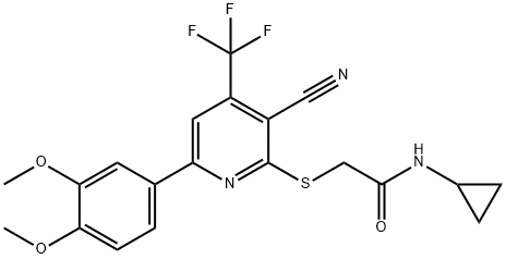2-{[3-cyano-6-(3,4-dimethoxyphenyl)-4-(trifluoromethyl)pyridin-2-yl]sulfanyl}-N-cyclopropylacetamide 结构式