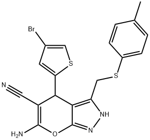 6-amino-4-(4-bromothien-2-yl)-3-{[(4-methylphenyl)sulfanyl]methyl}-2,4-dihydropyrano[2,3-c]pyrazole-5-carbonitrile 结构式