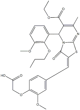 {4-[(6-(ethoxycarbonyl)-5-(3-methoxy-2-propoxyphenyl)-7-methyl-3-oxo-5H-[1,3]thiazolo[3,2-a]pyrimidin-2(3H)-ylidene)methyl]-2-methoxyphenoxy}acetic acid 结构式