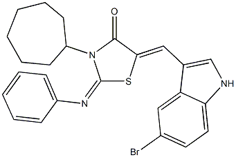 5-[(5-bromo-1H-indol-3-yl)methylene]-3-cycloheptyl-2-(phenylimino)-1,3-thiazolidin-4-one 结构式