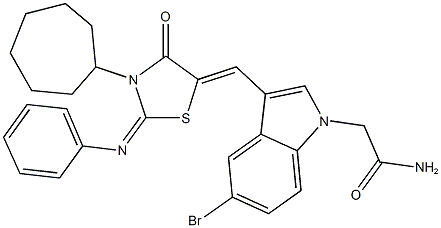 2-(5-bromo-3-{[3-cycloheptyl-4-oxo-2-(phenylimino)-1,3-thiazolidin-5-ylidene]methyl}-1H-indol-1-yl)acetamide 结构式
