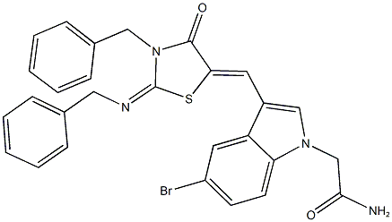 2-(3-{[3-benzyl-2-(benzylimino)-4-oxo-1,3-thiazolidin-5-ylidene]methyl}-5-bromo-1H-indol-1-yl)acetamide 结构式