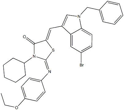 5-[(1-benzyl-5-bromo-1H-indol-3-yl)methylene]-3-cyclohexyl-2-[(4-ethoxyphenyl)imino]-1,3-thiazolidin-4-one 结构式