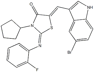 5-[(5-bromo-1H-indol-3-yl)methylene]-3-cyclopentyl-2-[(2-fluorophenyl)imino]-1,3-thiazolidin-4-one 结构式