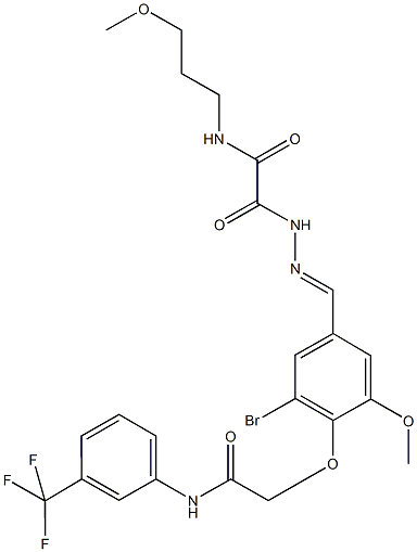 2-[2-(3-bromo-5-methoxy-4-{2-oxo-2-[3-(trifluoromethyl)anilino]ethoxy}benzylidene)hydrazino]-N-(3-methoxypropyl)-2-oxoacetamide 结构式