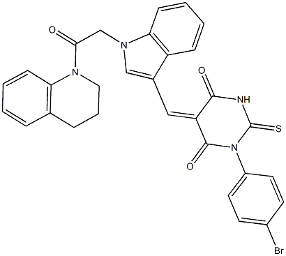 1-(4-bromophenyl)-5-({1-[2-(3,4-dihydro-1(2H)-quinolinyl)-2-oxoethyl]-1H-indol-3-yl}methylene)-2-thioxodihydro-4,6(1H,5H)-pyrimidinedione 结构式