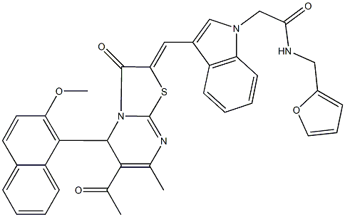 2-{3-[(6-acetyl-5-(2-methoxy-1-naphthyl)-7-methyl-3-oxo-5H-[1,3]thiazolo[3,2-a]pyrimidin-2(3H)-ylidene)methyl]-1H-indol-1-yl}-N-(2-furylmethyl)acetamide 结构式