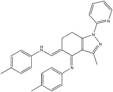 4-methyl-N-[3-methyl-1-(2-pyridinyl)-5-(4-toluidinomethylene)-1,5,6,7-tetrahydro-4H-indazol-4-ylidene]aniline 结构式