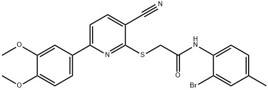 N-(2-bromo-4-methylphenyl)-2-{[3-cyano-6-(3,4-dimethoxyphenyl)pyridin-2-yl]sulfanyl}acetamide 结构式