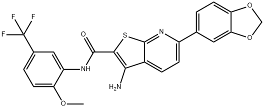 3-amino-6-(1,3-benzodioxol-5-yl)-N-[2-methoxy-5-(trifluoromethyl)phenyl]thieno[2,3-b]pyridine-2-carboxamide 结构式