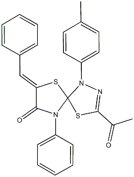 3-acetyl-7-benzylidene-1-(4-methylphenyl)-9-phenyl-4,6-dithia-1,2,9-triazaspiro[4.4]non-2-en-8-one 结构式
