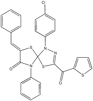 7-benzylidene-1-(4-chlorophenyl)-9-phenyl-3-(2-thienylcarbonyl)-4,6-dithia-1,2,9-triazaspiro[4.4]non-2-en-8-one 结构式