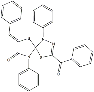 3-benzoyl-7-benzylidene-1,9-diphenyl-4,6-dithia-1,2,9-triazaspiro[4.4]non-2-en-8-one 结构式