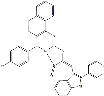 7-(4-fluorophenyl)-10-[(2-phenyl-1H-indol-3-yl)methylene]-5,7-dihydro-6H-benzo[h][1,3]thiazolo[2,3-b]quinazolin-9(10H)-one 结构式