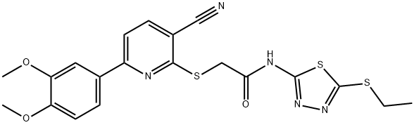 2-{[3-cyano-6-(3,4-dimethoxyphenyl)pyridin-2-yl]sulfanyl}-N-[5-(ethylsulfanyl)-1,3,4-thiadiazol-2-yl]acetamide 结构式