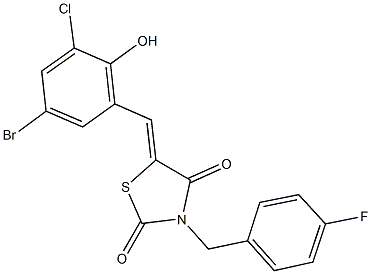 5-(5-bromo-3-chloro-2-hydroxybenzylidene)-3-(4-fluorobenzyl)-1,3-thiazolidine-2,4-dione 结构式