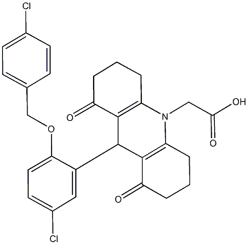 (9-{5-chloro-2-[(4-chlorobenzyl)oxy]phenyl}-1,8-dioxo-2,3,4,5,6,7,8,9-octahydro-10(1H)-acridinyl)acetic acid 结构式