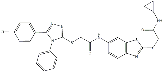 2-{[5-(4-chlorophenyl)-4-phenyl-4H-1,2,4-triazol-3-yl]sulfanyl}-N-(2-{[2-(cyclopropylamino)-2-oxoethyl]sulfanyl}-1,3-benzothiazol-6-yl)acetamide 结构式